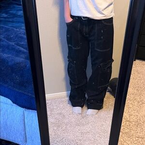 Men’s Black with White Sewing, Relaxed Cargo Jeans